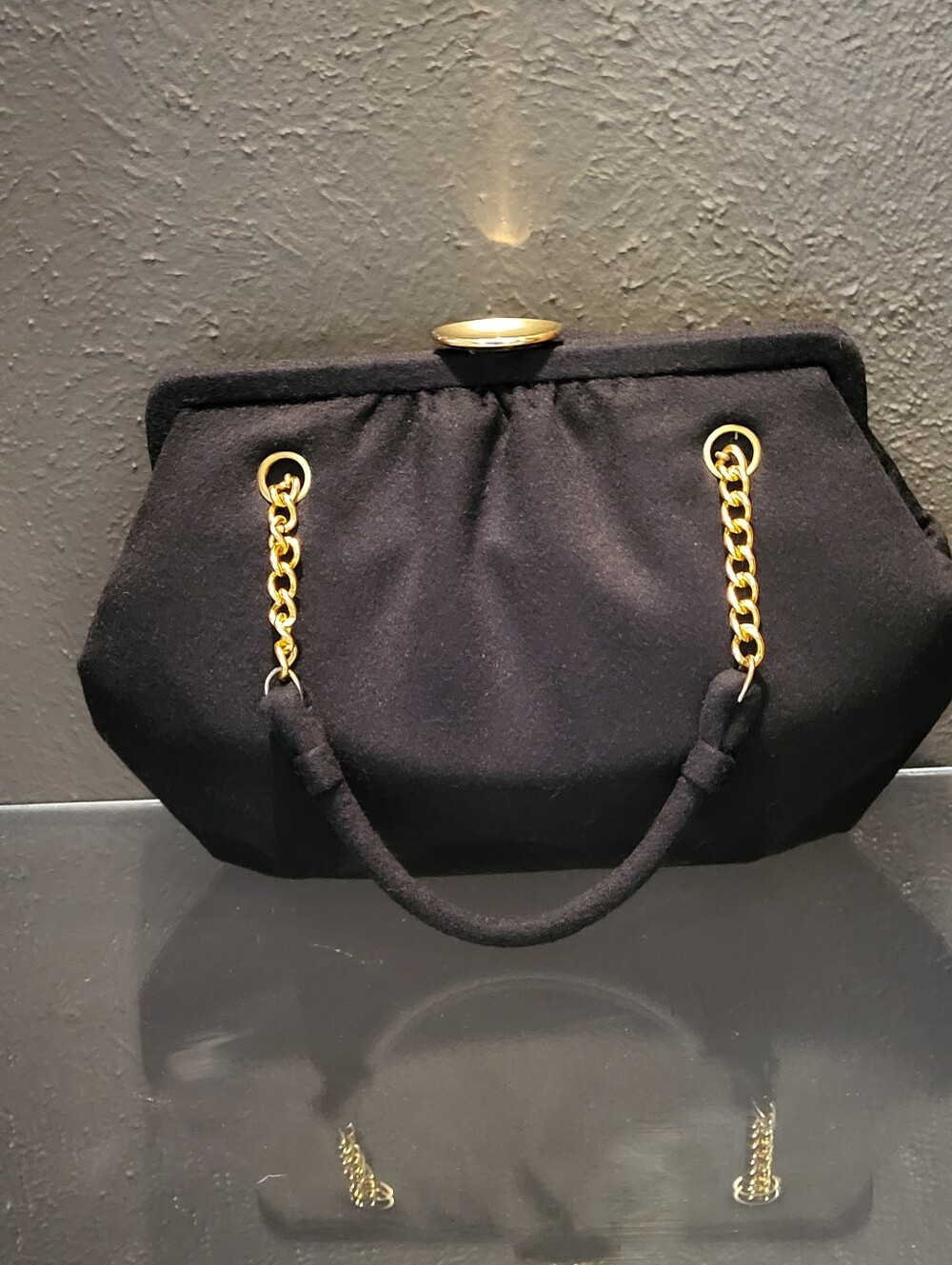 Empress 1950s Black Fedora Wool Evening Bag Gold Chain Straps